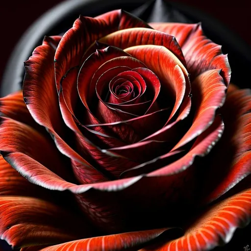 Prompt: extreme closeup, dark, Epic, Beautiful, {Red long-stem rose} gold silver black, beautiful intricately-colored, symmetrical, Beautiful and Gorgeous, hyper realistic, expansive background, hyper realistic, 64K --s99500