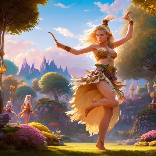 Prompt: Concept art of a beautiful blonde cavewoman ayla dancing at the millennial fair from chrono trigger, outdoor fairgrounds, grass, trees, colorful striped pavillions, by stanley artgerm lau, wlop, rossdraws, james jean, andrei riabovitchev, marc simonetti, and sakimichan, tranding on artstation