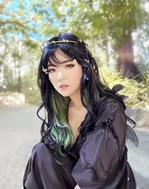 Prompt: Miyoung, black gothic dress, black boots, black fairy wings,  dim lights, shiny skin, anime character, wavy  black hair with green tips, highly detailed, nightfall, anime face, sharp focus, character design, wlop, dark forest, artgerm, kuvshinov, character design, unreal engine, beautiful forest, realistic and natural, cosmic sky, detailed full-color, nature, hd photography, fantasy by john stephens, galen rowell, david muench, james mccarthy, hirō isono, realistic surrealism, elements by nasa, magical, detailed, light glowing bugs, hyperrealism