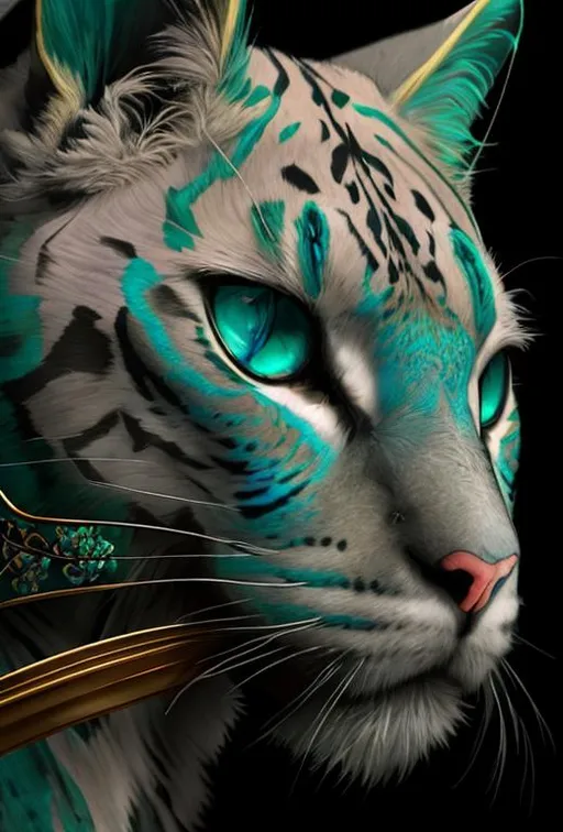 Prompt: Super clear resolution, intricate beautiful realistic amazonite, labradorite, zoisite, chrysocolla and moonstone big feline in kintsugi style. Hyper detailed, sharp focus, high definition, super clear resolution , hypermaximalist, elegant, ornate, super detailed, meticulously crafted, HD DSLR 8K, Sharp details, color contrast, light reflex