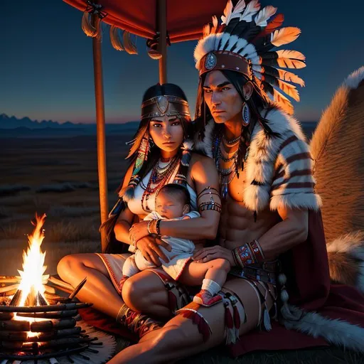 Prompt: long shot, HD, 3D, [(Muscular Native American Male dressed as warrior)  and female Native American holding newborn infant in furs) and seated near a campfire], Hazy, expansive plains background, digital painting, uber detailed, 64k, high quality, sharp focus, studio photo, intricate details, highly detailed, Perfect viewpoint, highly detailed, wide-angle lens, hyper realistic, with dramatic night sky, polarizing filter, natural lighting, vivid colors, everything in sharp focus, HDR, UHD, --s98500