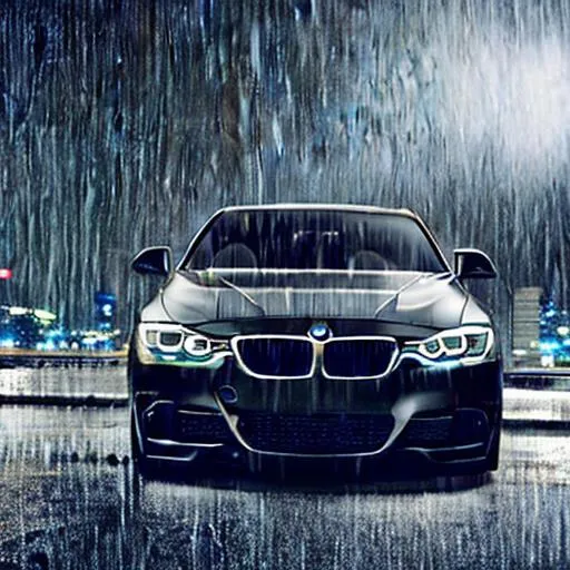 Prompt: Black BMW 328i in the rain, hd city backdrop, LED lights, hyperrealism, aesthetic, sharp