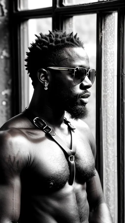 Prompt: Sensual, hairy chested, tattooed, shirtless african man, wearing sunglasses and a strapped leather harness, in an abandoned place near a window, cinematic, very close-up portrait, grayscale, hyperrealistic, hyperdetailed, ambient light, perfect composition, provocative, textured skin, high contrast, profile portrait, ultra HD.