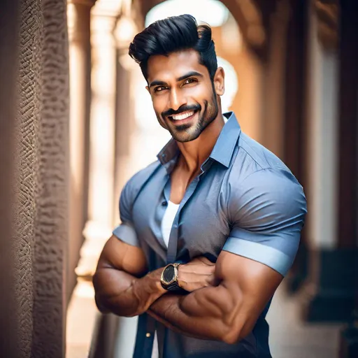 Prompt: Professional photoshoot of a handsome, beautiful, muscular Indian man with a small mustache and some stubble, wearing a short-sleeve button-up shirt, flexing his biceps, hyperdetailed {symmetrical eyes}, {defined shredded musculature, broad shoulders}, {sultry romantic} smile, center frame, diffused light, intricate detail, best quality, uhd, 8k, symmetry