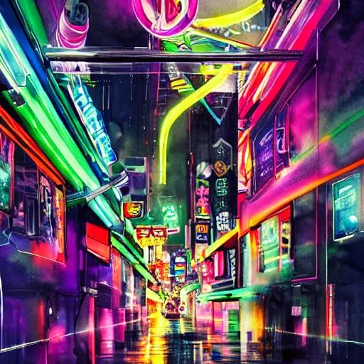 Prompt: Watercolor portrait of Tokyo with neon colors, with iridescent black markings, perfect composition, hyperrealistic, super detailed, 8k, high quality, trending art, trending on artstation, sharp focus, studio photo, intricate details, highly detailed