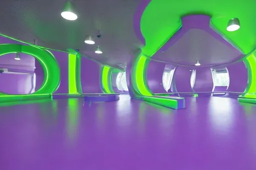 Prompt: luminal rounded space room with shiny reflective floors. neon violet and neon green