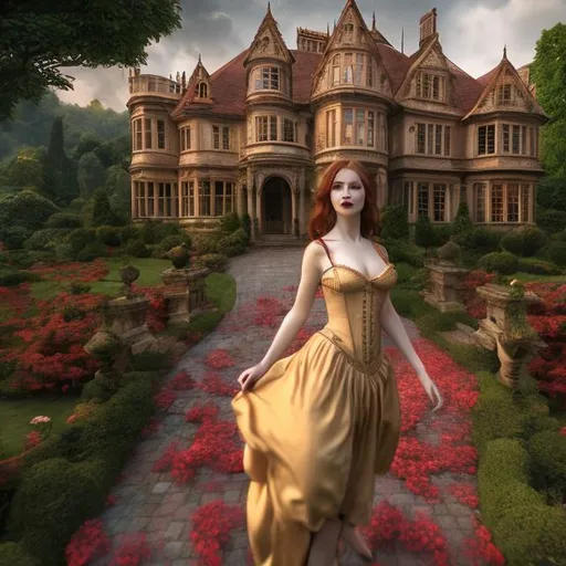 Prompt: 4k 3D professional modeling photo live action human woman hd hyper realistic beautiful Tudor England maiden woman auburn red hair tan skin brown eyes beautiful face red lips pink and red dress forest landscape hd background with live action mansion