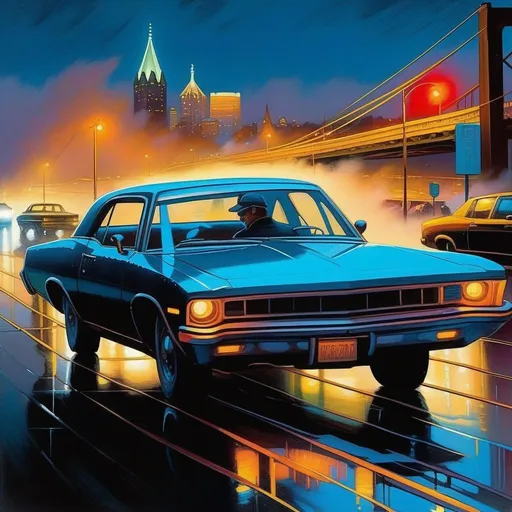 Prompt: 2030s, Pittsburgh at night, neon, car chase, rain, fog, cold blue atmosphere, cartoony style, extremely detailed painting by Greg Rutkowski and by Henry Justice Ford and by Steve Henderson 

