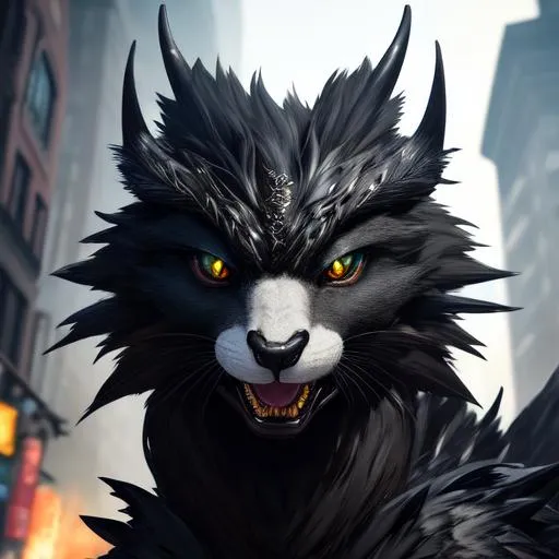 Prompt: Portrait of an anthro wyvern with striking black fur and iridescent black markings and a cute face, liminal space streets, perfect composition, hyperrealistic, super detailed, 8k, high quality, trending art, trending on artstation, sharp focus, studio photo, intricate details, highly detailed, by greg rutkowski