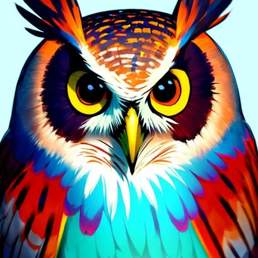 Prompt: stylized colorful painting of a serious looking owl's face