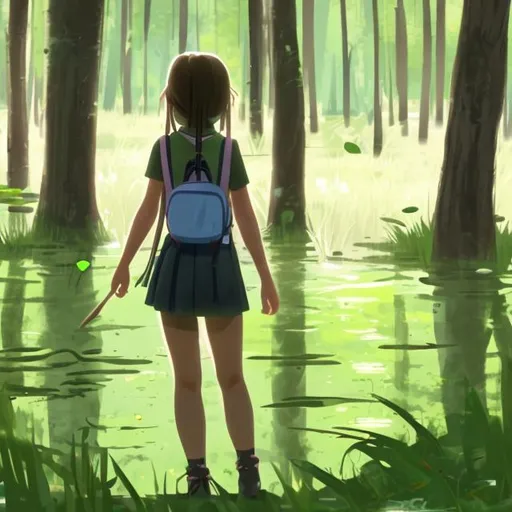 Prompt: A middle school girl with distinct lime light green eyes in the swamp with no back back looking kind of creepy