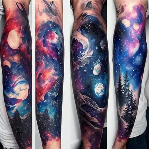 Prompt: space themed forest full sleeve arm tattoos