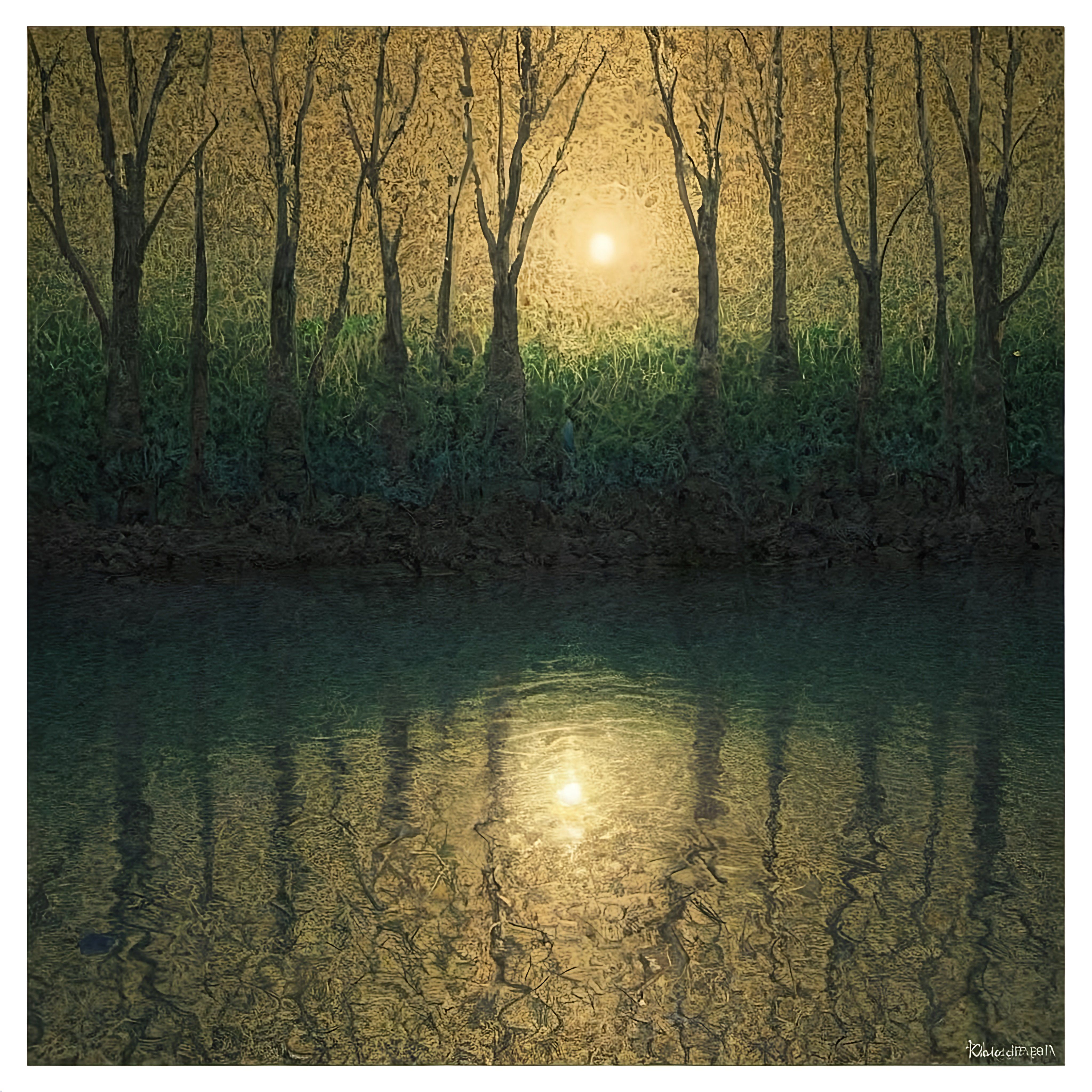 Prompt: a painting of a forest with a lake in the foreground and the sun in the background with a reflection of trees in the water, kinetic pointillism, caustics, a pointillism painting