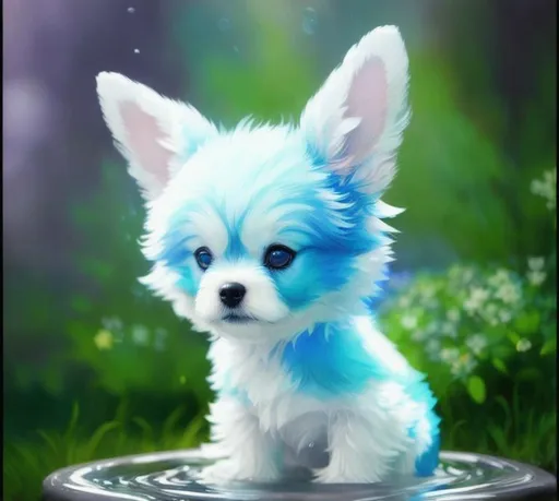 Prompt: Cute, blue, fluffy, liquid dog, possessing the element of water and making circles of water move around in the air in a magical way. Perfect features, extremely detailed, realistic. Krenz Cushart + loish +gaston bussiere +craig mullins, j. c. leyendecker +Artgerm.