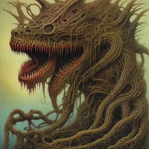 Prompt: scary monster with multiple teeth, drawn in the HR Giger and Beksinski art style, very colorful