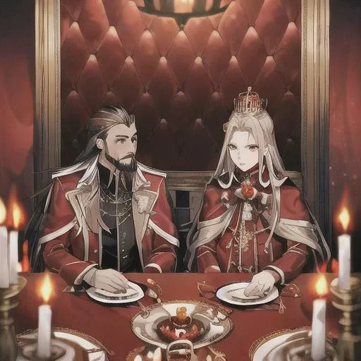 Prompt: king in a red coat, mink fur lined, pointy bejeweled crown, brown hair, goatee, medals on shirt, black cloths, sitting at the far end of a long table that has a red cloth running down the middle with candles and food, plates and silverware line the sides in front of chairs, with nobles sitting and conversing, at the long table, professional, one long table, from the perspective of a noble at the opposite end of the very long table as the king