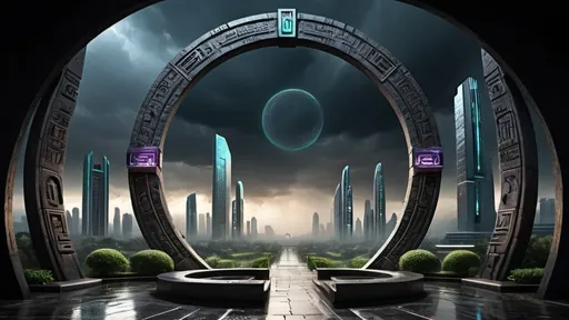 Prompt: magical portal between cities realms worlds kingdoms, circular portal, ring standing on edge, upright ring, freestanding ring, hieroglyphs on ring, complete ring, ancient aztec architecture, gardens, hotels, office buildings, shopping malls, large wide-open city plaza, panoramic view, dark stormy night, stormy sky, rain, futuristic cyberpunk tech-noir setting