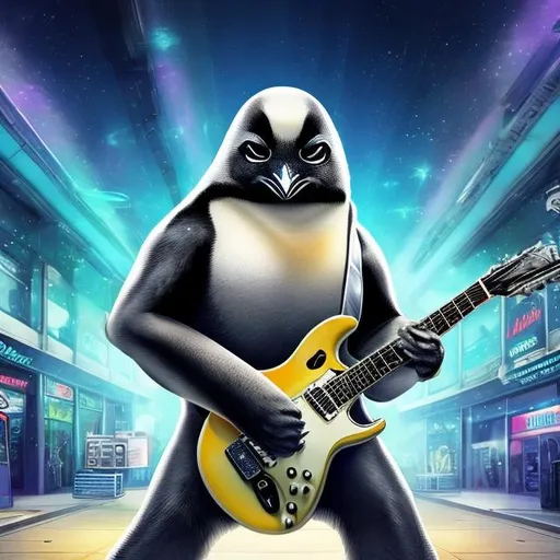 Prompt: Bodybuilding penguin, playing guitar for tips in a busy alien mall, widescreen, infinity vanishing point, galaxy background