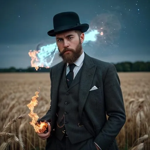 Prompt: A man with a suit and tie from 1890 with a bowler hat staring into a galaxy in a field of wheat, with him on fire, beard, brown hair, green eyes, in color faceing away from camra, best quilaty