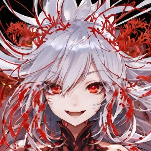 Prompt: A smooth high resolution portrait of a laughing anime girl with white silver hair and red crimson eyes, surrounded with red spider lilies