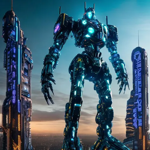 Prompt: A cyber punk 200 foot mech droid towering over a city(((( pacific rim, pacific rim, pacific rim, pacific rim, laser arm, laser arm, laser arm, blue and gold, blue and gold, blue and gold, giant drill on arm, giant drill on arm, giant drill on arm