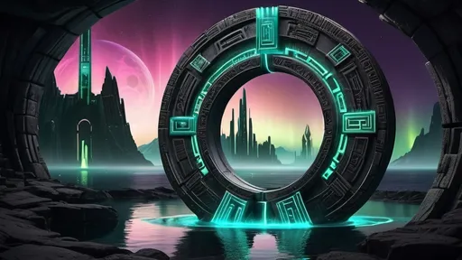 Prompt: magical portal between cities realms worlds kingdoms, circular portal, ring standing on edge, upright ring, freestanding ring, hieroglyphs on ring, complete ring, ancient aztec architecture, atlantis setting, aurora borealis, panoramic view, dark night, futuristic cyberpunk tech-noir setting