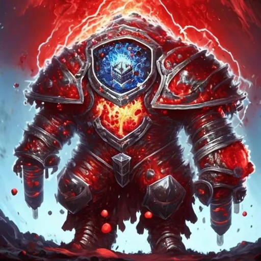 Prompt: A oversized knight with large globs of red energy overflowing out of the cap of his armor causing his armor to crack apart, its head a large bulbous gel of energy 