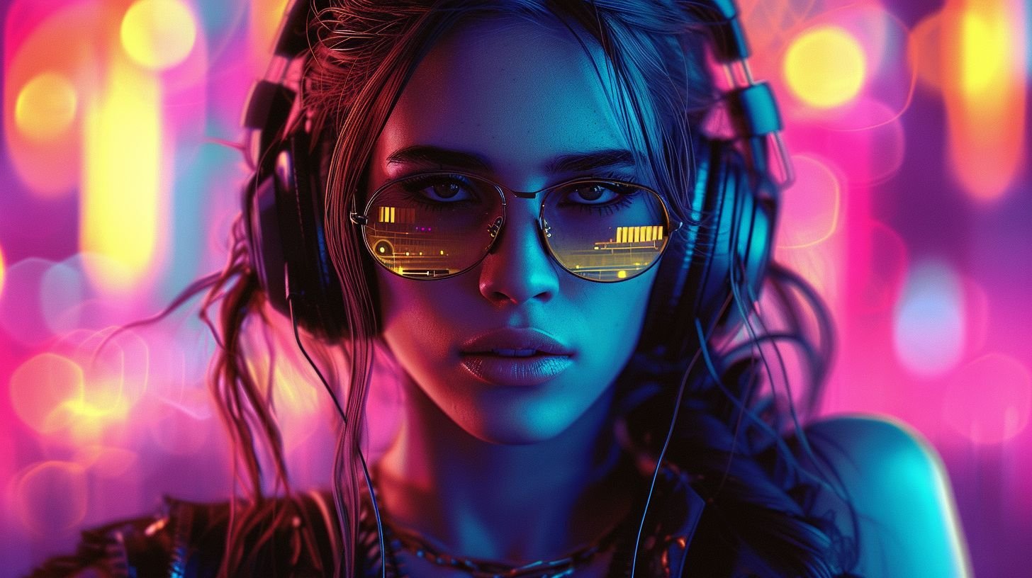 Prompt: female dj in black top dance dancer and neon background, in the style of zbrush, colorful drawings, hip-hop style, photorealistic detail, bold lines, vibrant color, shot on 70mm, colorful costumes