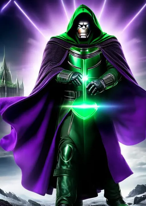 Prompt: High-resolution hyperrealistic photo of doctor doom victor von doom merged with kang the conqueror nathaniel richards,, purple and green and grey costume, uhd, hdr, 64k