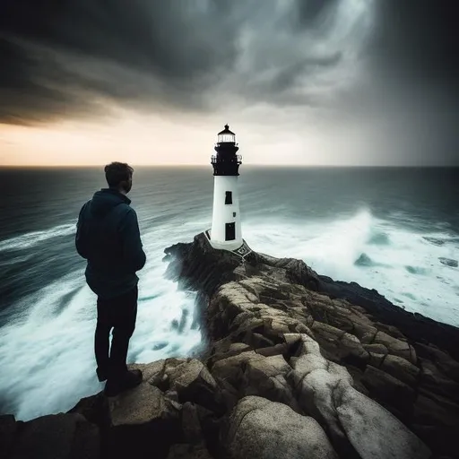 Prompt: a lone man standing at a lighthouse at dusk in stormy and windy weather