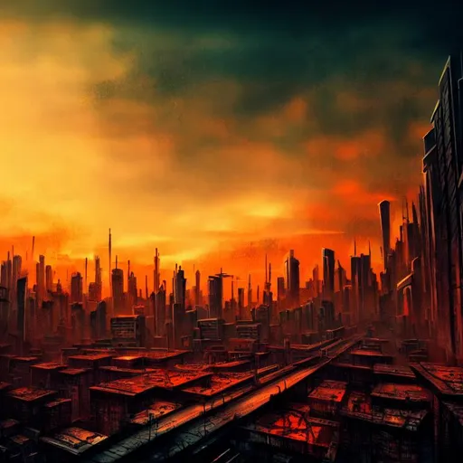 Prompt: city scape, dystopia, desolate, warm colors

