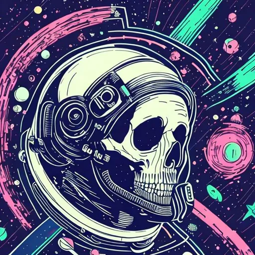 Prompt: skull head, astronaut, funky, neon navy blue, to the side shot, distorted space background