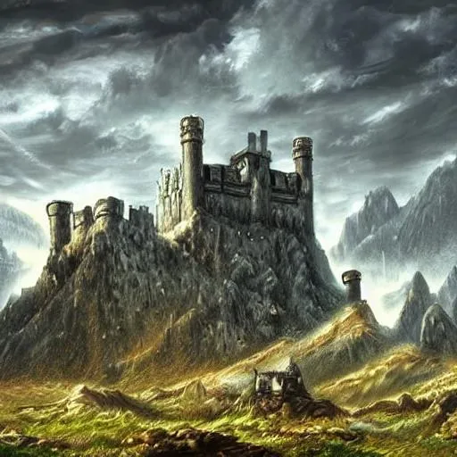 Prompt: Old Gothic fortress on the gray mountains art for RPG wallpaper