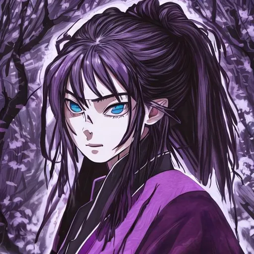 Prompt: Draw in Masashi Kishimoto style, young adult women, long dark purple hair in ponytail, her eyes are white, red eyeliner on her eyelids, wearing a violet kimono, holding an sword in a pose ready to fight, ninja from konoha, she looks misterius and strong, at the background dark forest, looks scary and dangerous