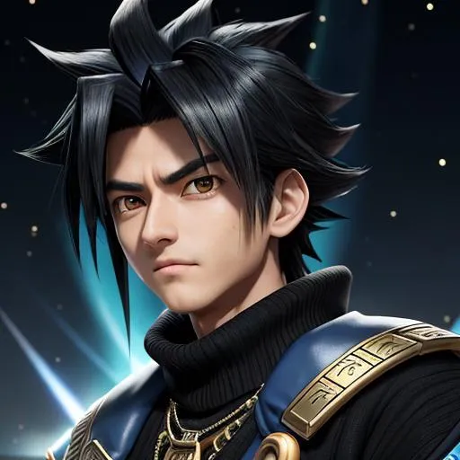 Prompt: (masterpiece, 8K, UHD, photorealistic:1.3), Yugi Muto, (focused gaze:1.2), (jet black hair:1.2), (blue sweater:1.2), (pharaoh's bracelet:1.2), (Duel Disk:1.2 ), (Duel World:1.2 background), deep blue sky, sunlight streaming in, soft shadows, warm colors, dynamic atmosphere, close-up, front shot