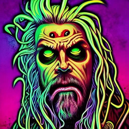 Prompt: Hypnotic illustration of Rob Zombie, hypnotic psychedelic art by Dan Mumford, pop surrealism, dark glow neon paint, mystical, Behance