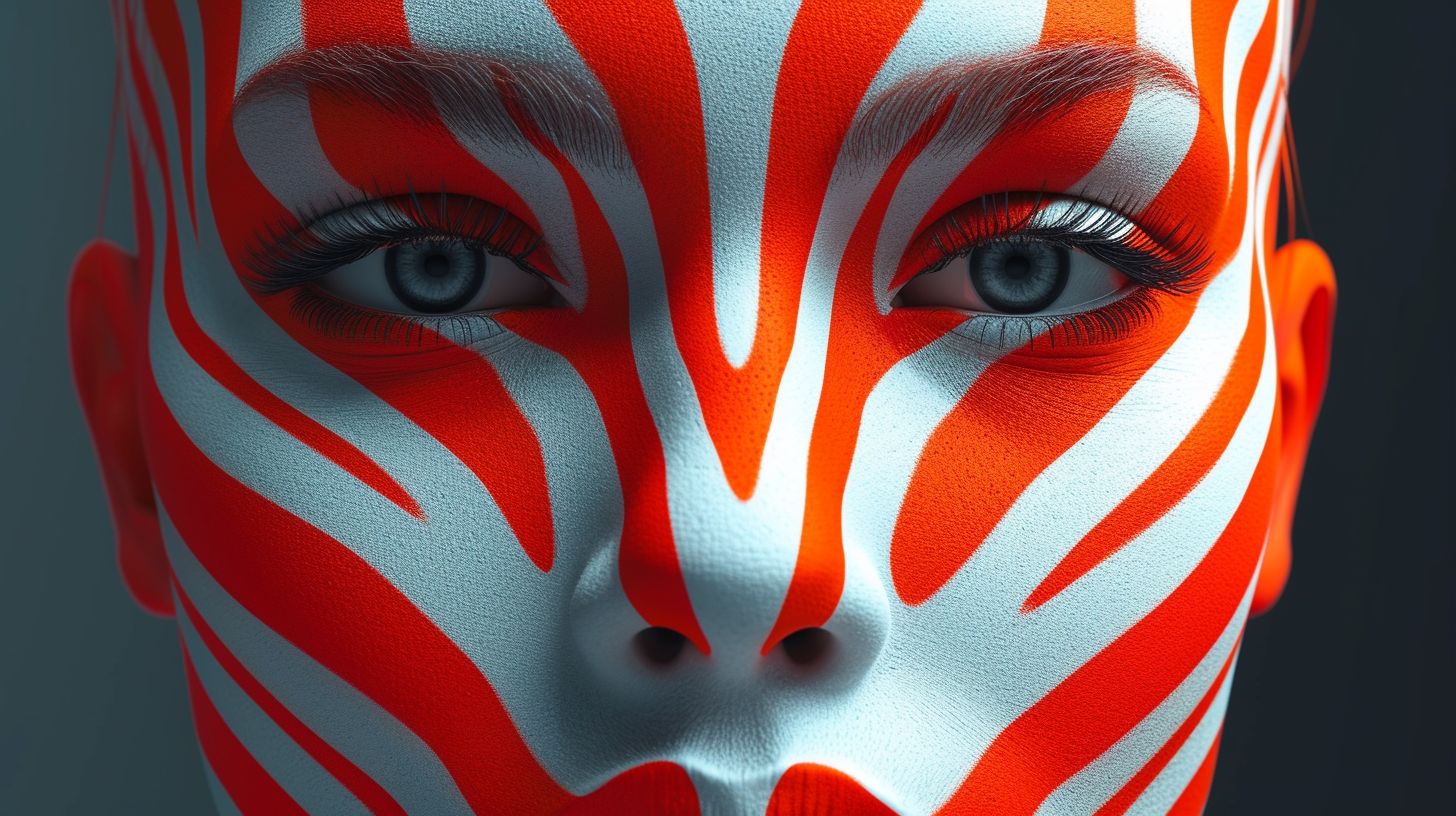 Prompt: Create an image of a human-like face with a futuristic aesthetic. The face should be framed by abstract, metallic elements that evoke a sense of advanced technology. Include sleek stripes of alternating colors across the face that complement the overall color scheme, but allow the eyes to be clearly visible, radiating a sharp, piercing look. The facial features should be detailed and realistic, with a touch of surrealism that blends organic and synthetic elements seamlessly. The background should be dark to highlight the subject, with subtle highlights that suggest a high-tech environment.