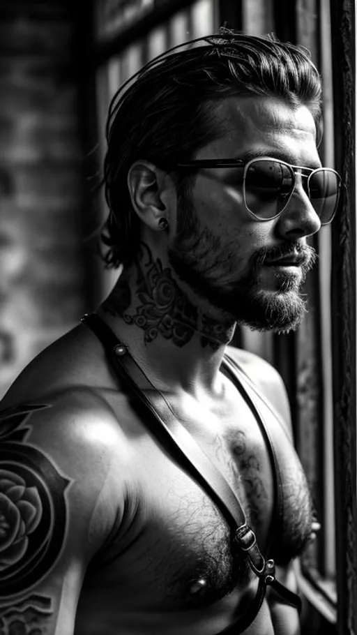 Prompt: Sensual, tattooed, shirtless, rustic  man from a random country, wearing sunglasses and a leather harness, in an abandoned place near a window, cinematic, close-up portrait, grayscale, hyperrealistic, hyperdetailed, ambient light, perfect composition, provocative, textured skin, high contrast, profile portrait, ultra HD.