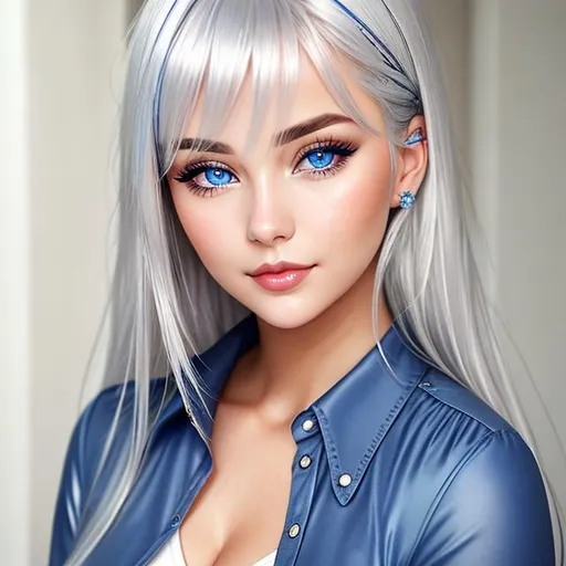 Prompt: young woman,  silver hair that is short , blue eyes, plump lips, facial closeup