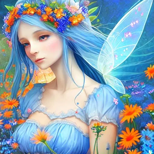 Prompt: fairy goddess of wildflowers ethereal,dreamscape, blue and orange colors, closeup