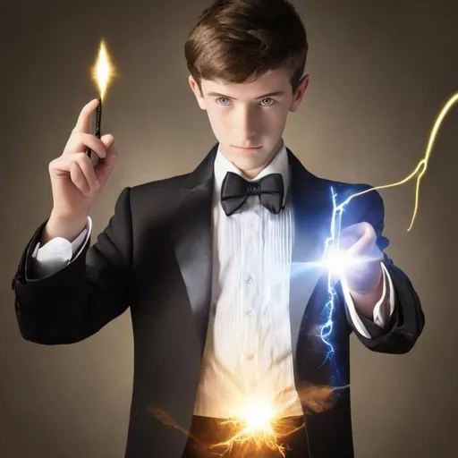 Prompt: 16 year old boy in a tuxedo useing his magic wand to cast a spell