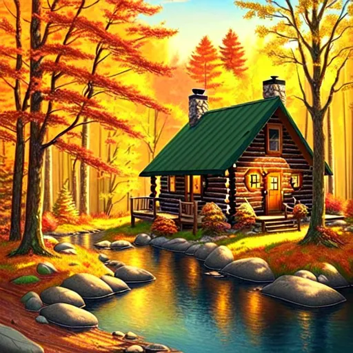 Prompt: Create a landscape artwork of a cozy cabin nestled in a peaceful forest setting. Use warm colors to capture the feeling of a sunny autumn day, and include elements such as trees, leaves, and wildlife to bring the scene to life. The cabin should be the focal point of the artwork, so make sure to emphasize its rustic charm and natural beauty. You can use any style or medium you like, but aim to capture the serene and tranquil atmosphere of a quiet woodland retreat.