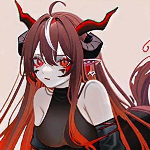 Prompt: Haley  (multi-color hair) (left eye red and right eye brown) (she has demon horns) (she has horse ears) (demon horns sit and the side of her horse ears) (red markings all over her body)