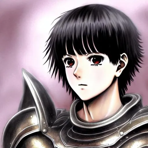 Prompt: anime portrait of Casca from Berserk wearing armor, anime eyes, blushing, beautiful intricate black hair, shimmer in the air, hyper-realistic, beautiful, beautiful wavy hair, symmetrical, smiling, kind, bloom and blush, DeviantArt, extremely detailed eyes, in Berserk manga style, concept art, SFM style model, digital painting, looking into camera, square image, Kentaro Miura