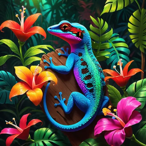 Prompt: Make a neon gecko, colorful forest, neon gecko is bright and glowing, beautiful flowers, hyper realistic, hyper detailed, painting, masterpiece, wallpaper, more flowers, some humming birds, some red parrots, colorful