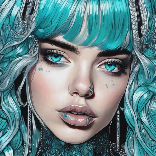 Prompt: billie eilish ai art, wearing cyberpunk streetwear, high detail perfect intense aqua blue eyes, aqua blue lipstick, detailed full lips, facial tattoos, aqua and black hair color, retro waves styled hair with reflective transparent sheen