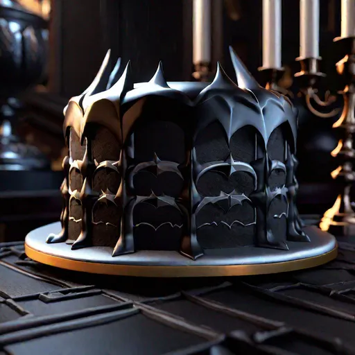 Prompt: batman, cake, sharpness, smoke, mystery, gothic, epic, hyperrealism, 3D detailed, incrustation, contrast forms and lines, contrast space and light, dof, multi-morph