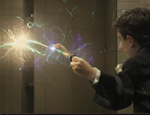 Prompt: 13 year old boy in a tuxedo casting a crazy magic spell from the outside of a bathroom stall with his magic wand, but the spell he cast happens on the inside of the bathroom stall because he cast the spell on the person inside who is warring a T shirt 
