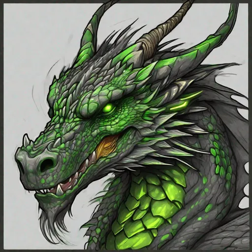 Prompt: Concept design of a dragon. Dragon head portrait. Coloring in the dragon is predominantly dark gray with bright green streaks and details present.