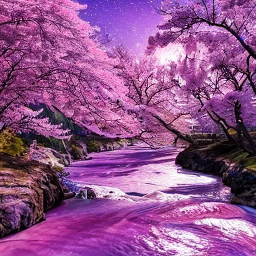 Prompt: mystic landscape with pink sakura trees, a crystal clear blue river, at night, lots of stars, a path at the side